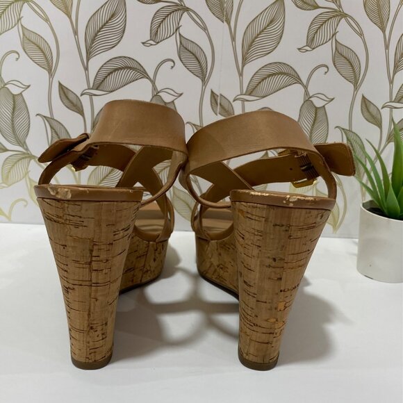 Franco Sarto Wedge Sandals With Straps & Cork Heel - Size 8 - Tan Leather Upper - Picture 4 of 12